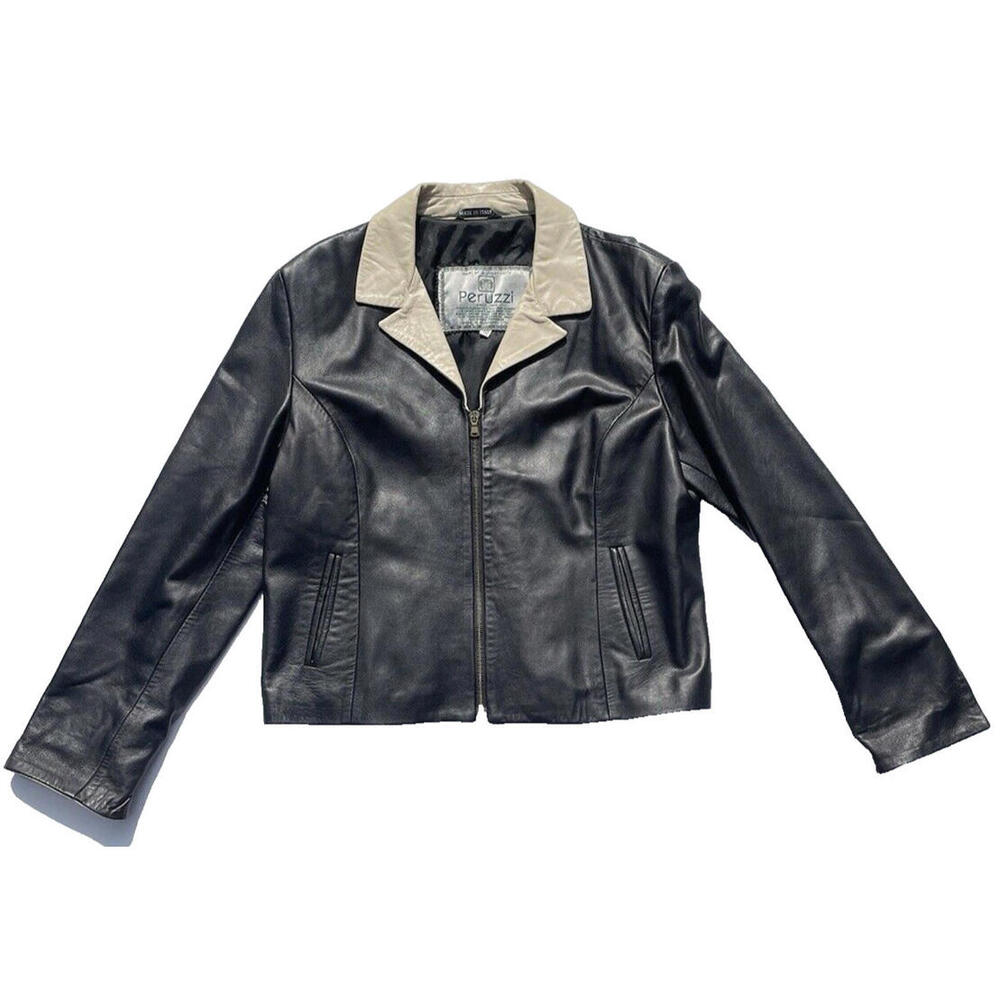 Peruzzi Italian Ultra Soft Black Leather Womens Jacket Sz XL Flip Cuff Full Zip - Picture 2 of 8